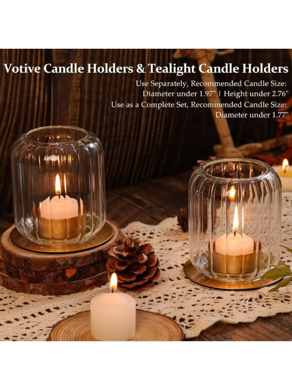 Set of 2 Lantern Style Tealight Candle Holders - Clear Glass & Metal Base